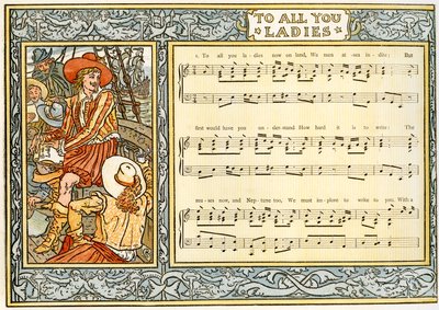 「To All You Ladies on land、We men at sea indite」、「Pan-Pipes」からの歌のイラスト、A Book of Old Songs、新しくアレンジされ、Theoによる伴奏付き。 Marzials、ジョージによってロンドンで公開 作： Walter Crane